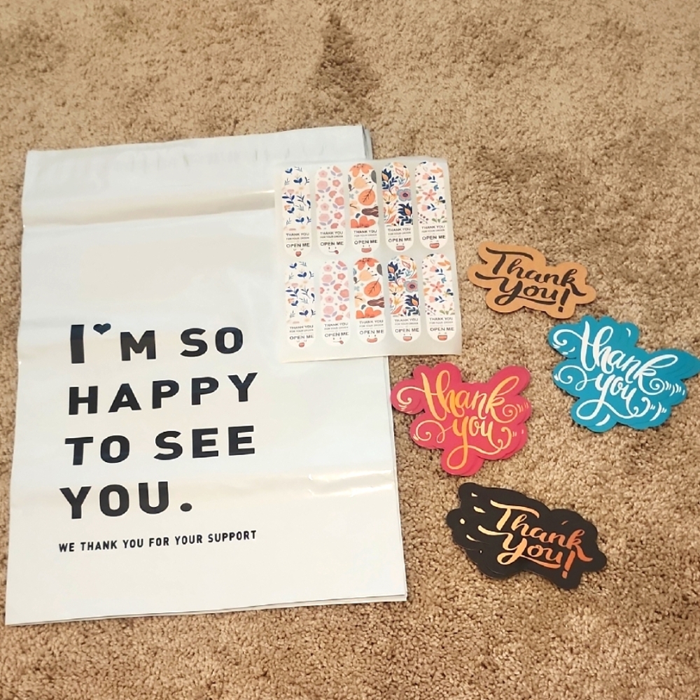 Poly Mailer Set Of 10 12x10, 10 Thank You Cards,  10 Thank You Stickers.
